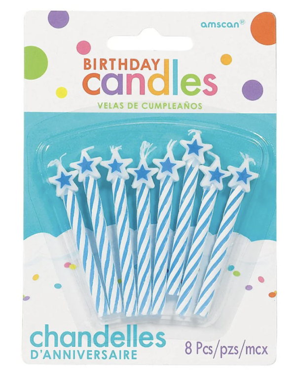 Birthday Candle – Blue Spiral Striped with Star Topper ~ 8 per pack